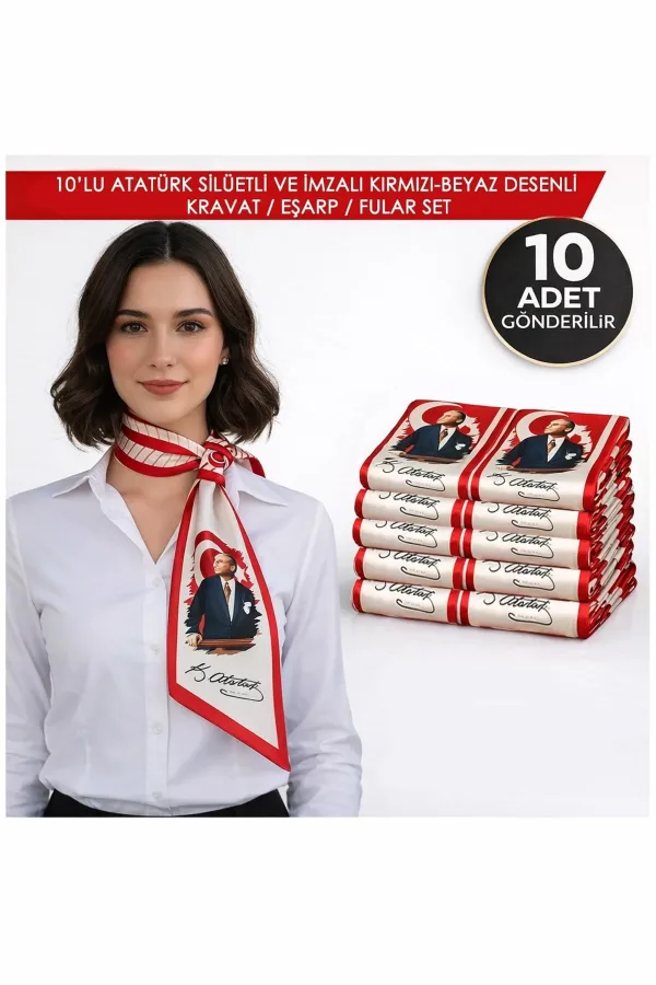 10'lu Atatürk Silüetli ve İmzalı Kırmızı-Beyaz Desenli Kravat / Eşarp / Fular Set
