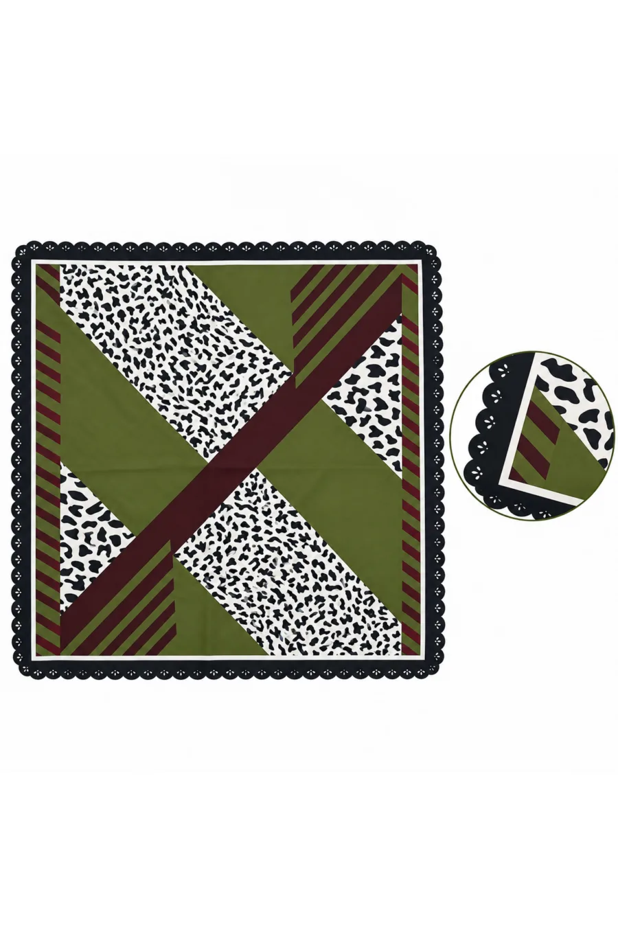 1_org_zoom-329 Tarzını Seç Desenli Dantel Oya Kesim Fular / Bandana 70 x 70 cm - Haki Leopar