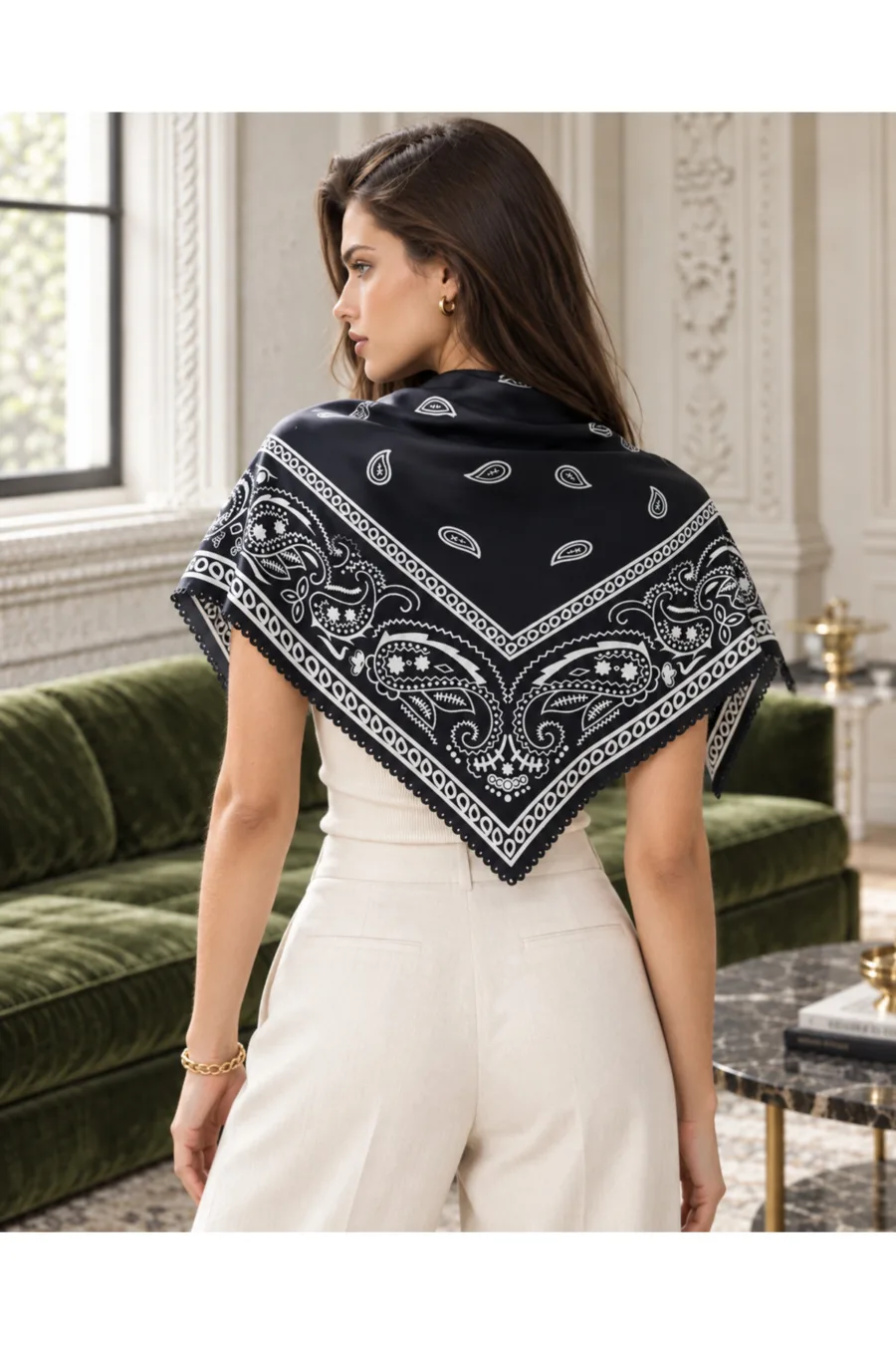 Tarzını Seç Desenli Dantel Oya Kesim Fular / Bandana 70 x 70 cm - Siyah Klasik