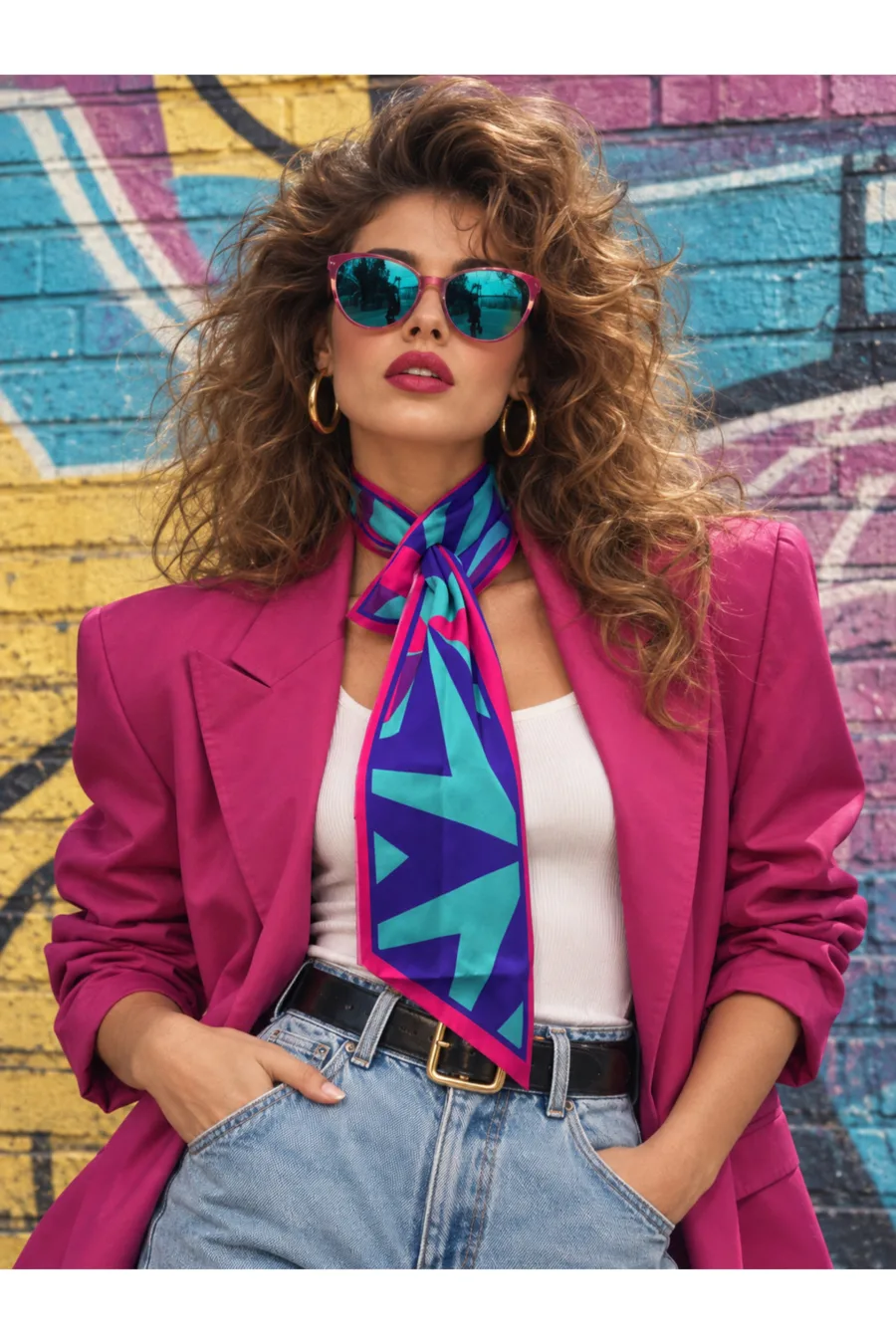 Tarzını Seç Seksenler Neon Ritim Geometrik Desenli Kravat / Eşarp / Fular 85x25cm