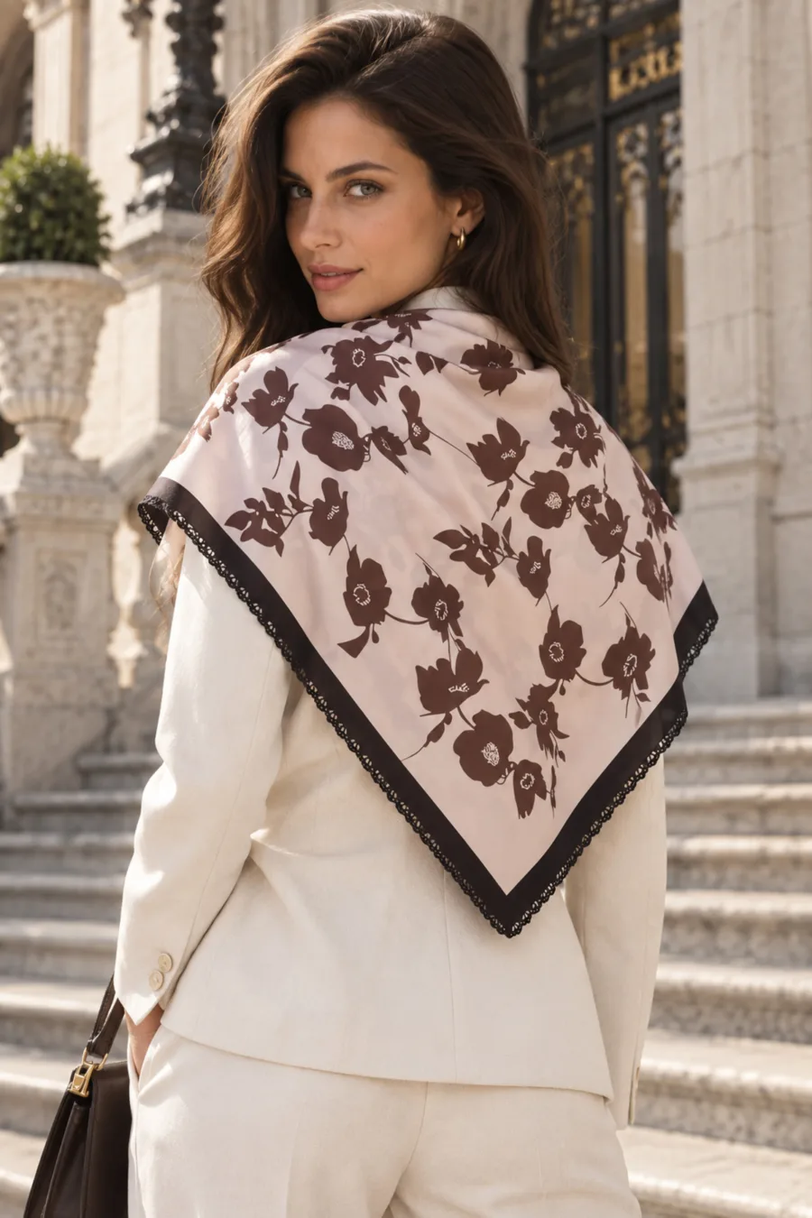 1_org_zoom-354 Tarzını Seç Desenli Dantel Oya Kesim Fular / Bandana 70 x 70 cm - Ekru Gece