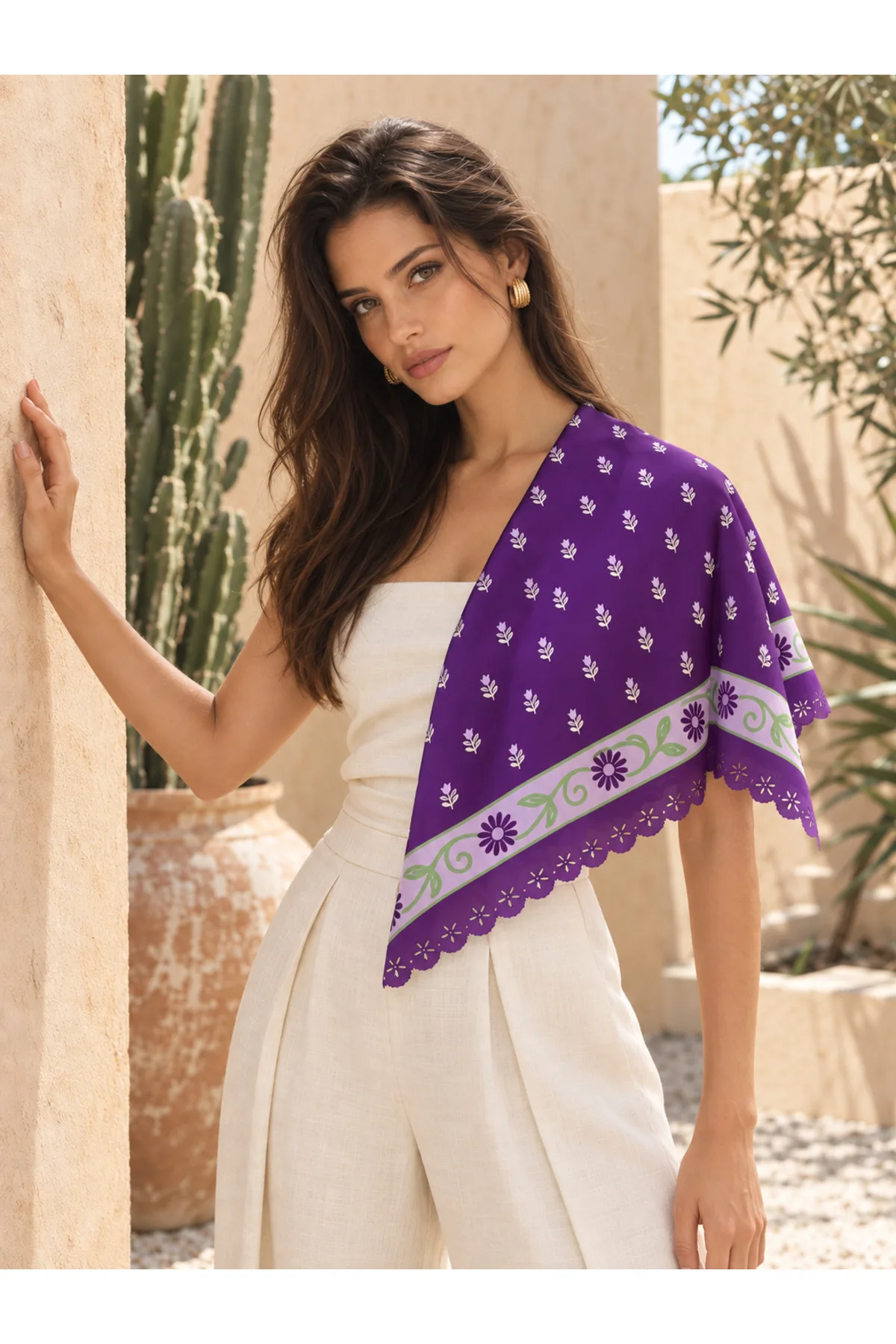 Tarzını Seç Desenli Dantel Oya Kesim Fular / Bandana 70 x 70 cm - Mor Papatya