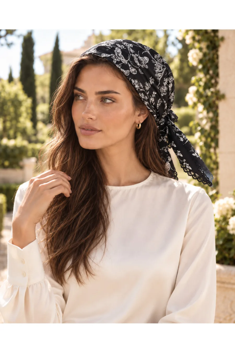 1_org_zoom-367 Tarzını Seç Desenli Dantel Oya Kesim Fular / Bandana 70 x 70 cm - Siyah Gece
