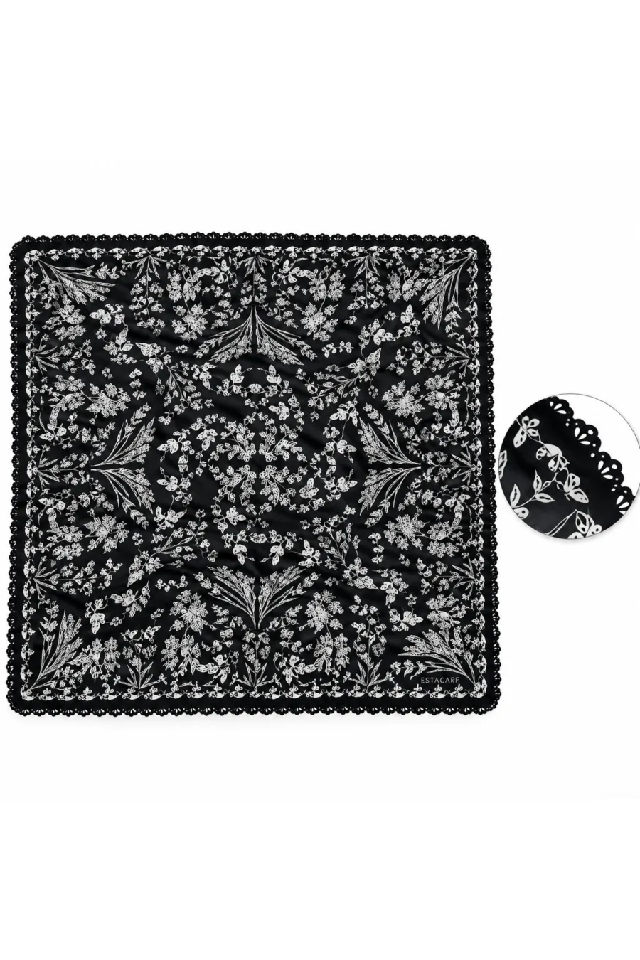 1_org_zoom-369 Tarzını Seç Desenli Dantel Oya Kesim Fular / Bandana 70 x 70 cm - Siyah Gece