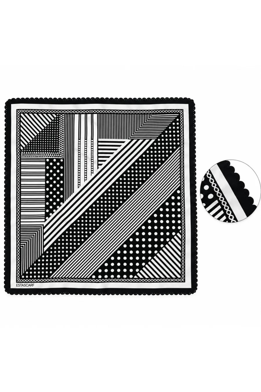 Tarzını Seç Desenli Dantel Oya Kesim Fular / Bandana 70 x 70 cm - Siyah Beyaz Geometrik