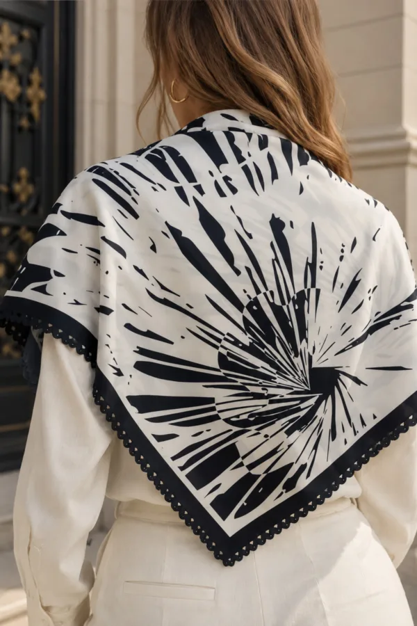 Tarzını Seç Desenli Dantel Oya Kesim Fular / Bandana 70 x 70 cm - Siyah Beyaz