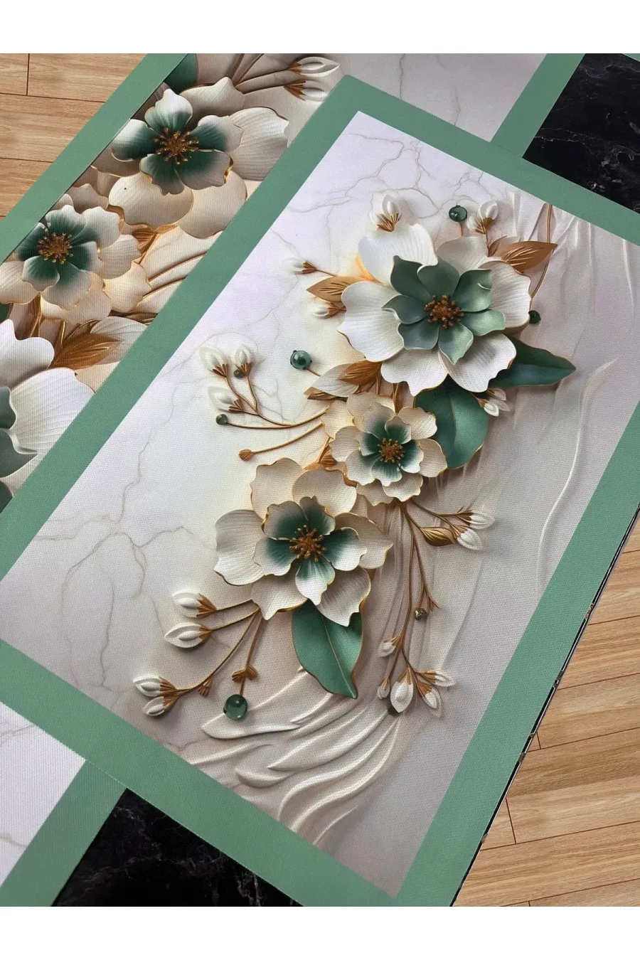 3D Çiçek Desenli Masa Runner & 4'lü Supla Takımı
