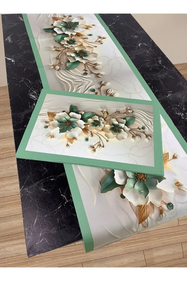 3D Çiçek Desenli Masa Runner & 4'lü Supla Takımı