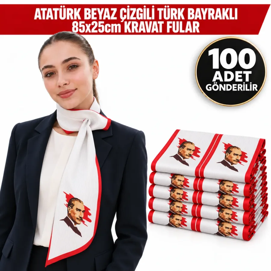 Atatürk Beyaz Çizgili Türk Bayraklı 85x25cm Kravat Fular 100'lü