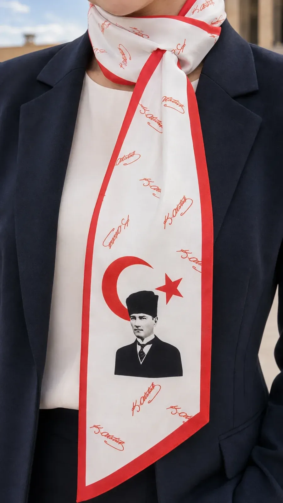 Atatürk Beyaz Kırmızı İmzalı Türk Bayraklı 85x25cm Kravat Fular 100'lü