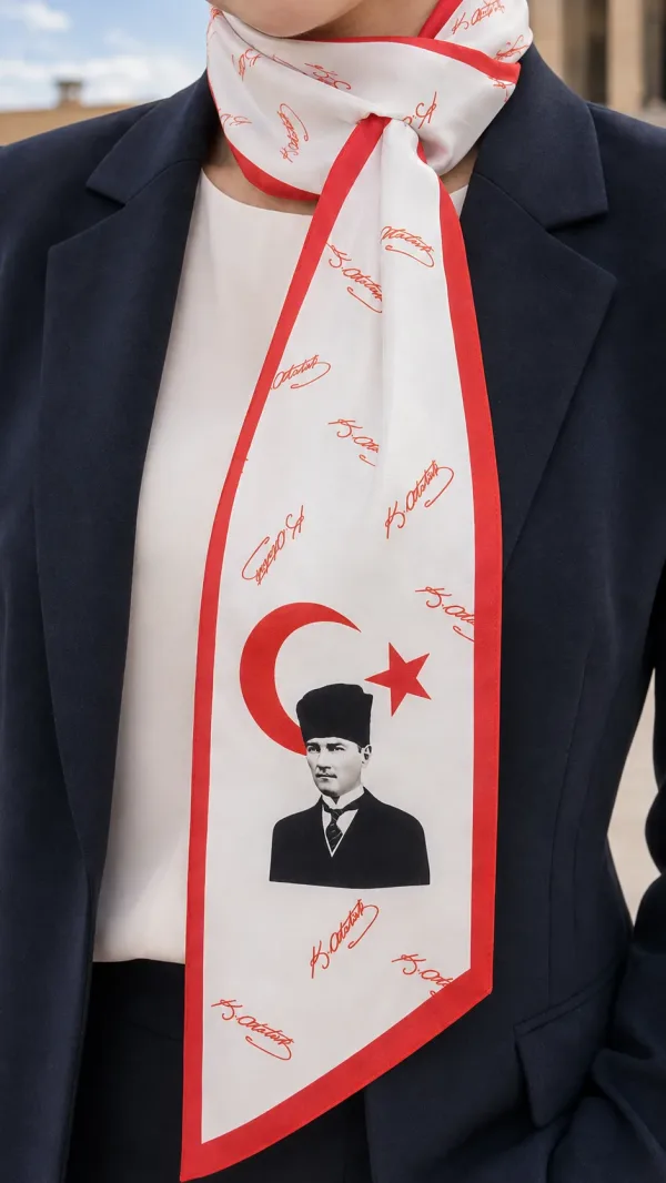 Atatürk Beyaz Kırmızı İmzalı Türk Bayraklı 85x25cm Kravat / Eşarp / Fular