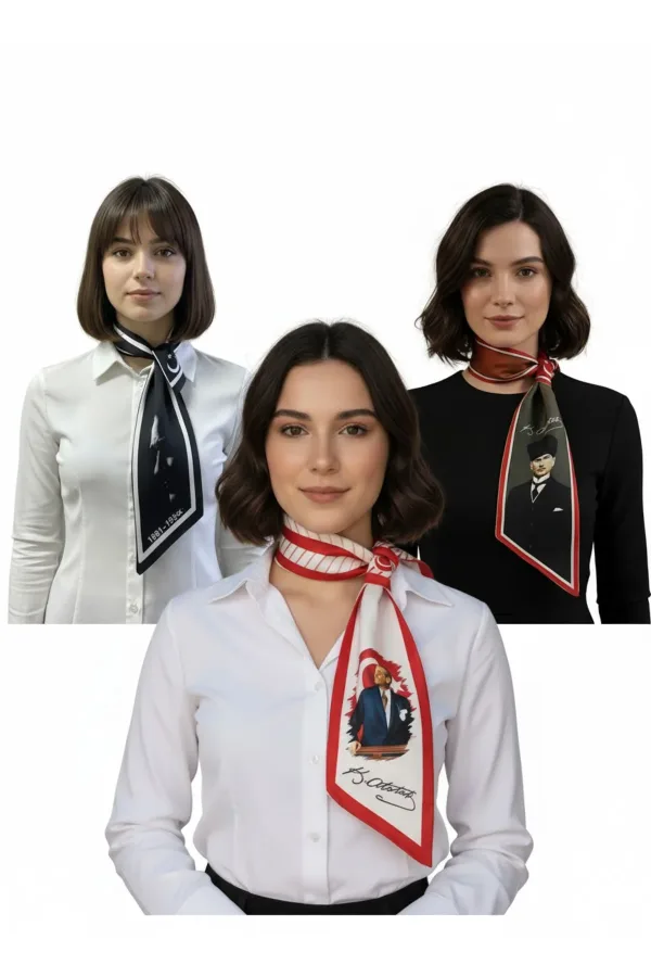 Atatürk Silüet ve İmzalı 3'lü Set Kravat / Eşarp / Fular