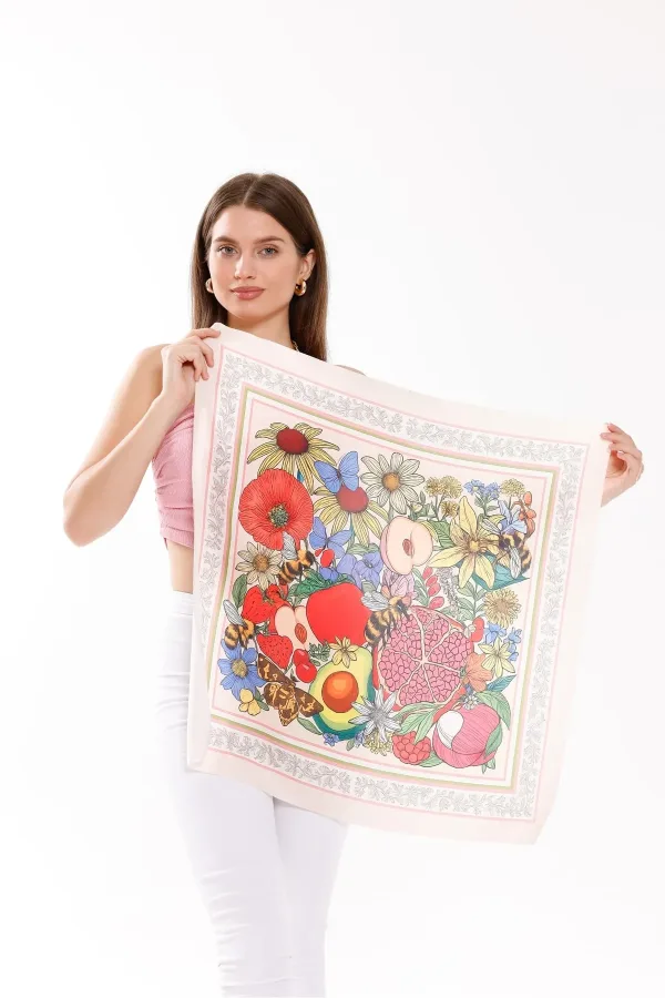 Çiçek Bahçesi Model Fular Bandana Şal Estascarf 70x70 Cm