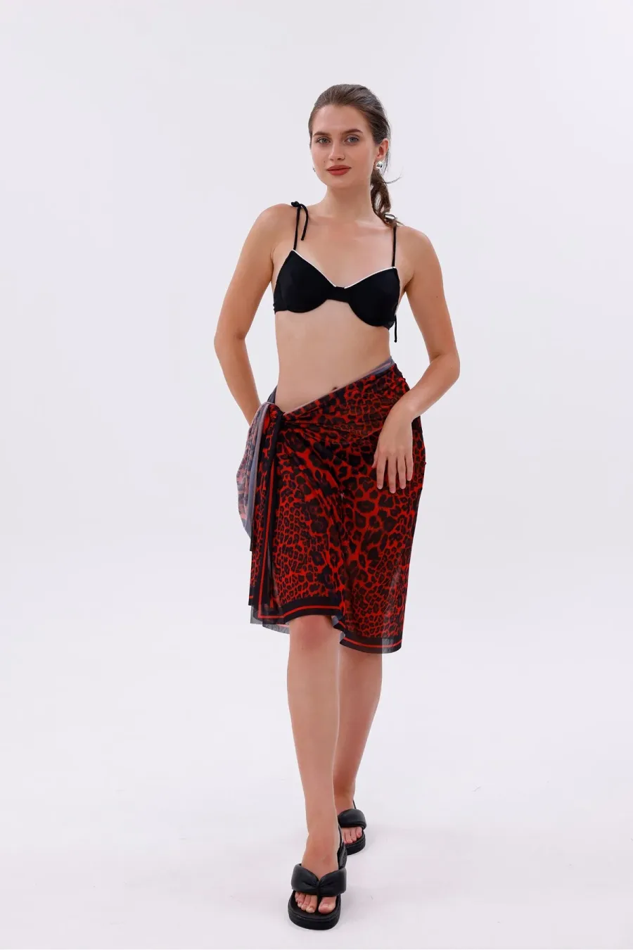 İç Gösterir Transparan Pareo - Kırmızı Leopar Model 150x95 Cm