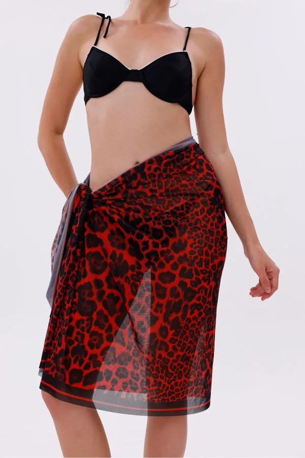İç Gösterir Transparan Pareo - Kırmızı Leopar Model 150x95 Cm
