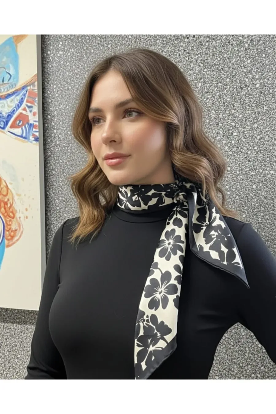 Kadife Çiçek Şeritli Fular Bandana Estascarf 7,5x100cm