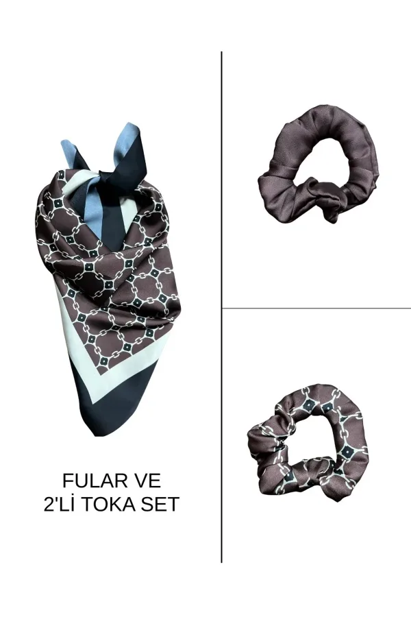 Kadın Dijital Baskılı Fendy Fular & Simit Toka Seti – 1 Fular (48×48 cm) + 2 Simit Toka