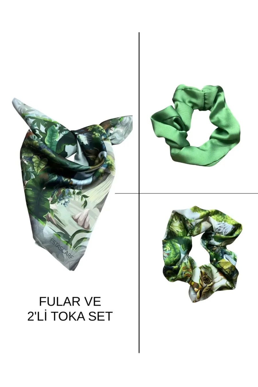Kadın Dijital Baskılı Göz Fular & Simit Toka Seti – 1 Fular (48×48 cm) + 2 Simit Toka