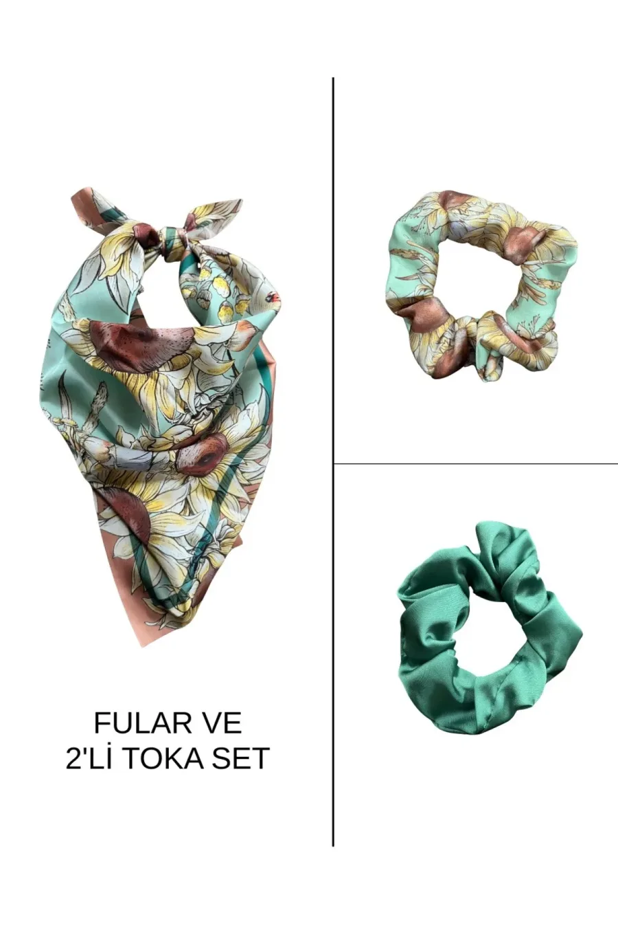 Kadın Dijital Baskılı Göz Fular & Simit Toka Seti – 1 Fular (48×48 cm) + 2 Simit Toka