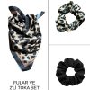 Kadın Dijital Baskılı Leopar Fular & Simit Toka Seti – 1 Fular (48×48 cm) + 2 Simit Toka