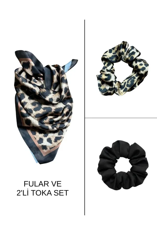 Kadın Dijital Baskılı Leopar Fular & Simit Toka Seti – 1 Fular (48×48 cm) + 2 Simit Toka