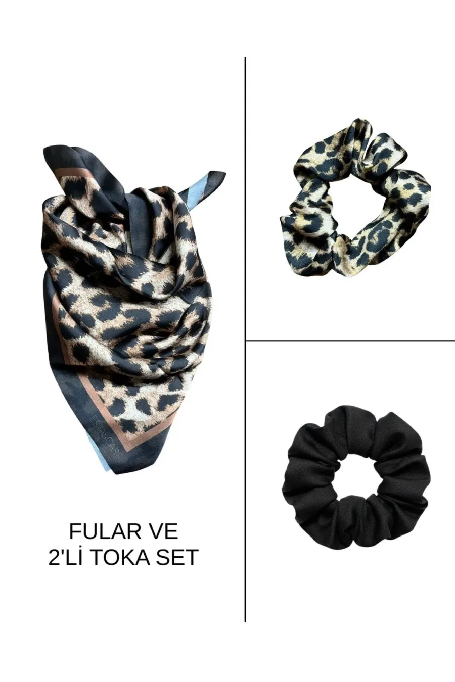 Kadın Dijital Baskılı Leopar Fular & Simit Toka Seti – 1 Fular (48×48 cm) + 2 Simit Toka