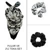 Kadın Dijital Baskılı Mermer Fular & Simit Toka Seti – 1 Fular (48×48 cm) + 2 Simit Toka