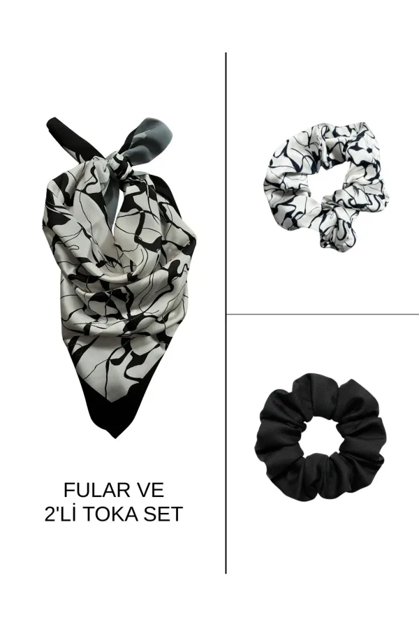 Kadın Dijital Baskılı Mermer Fular & Simit Toka Seti – 1 Fular (48×48 cm) + 2 Simit Toka