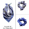 Kadın Dijital Baskılı Mor Çiçek Fular & Simit Toka Seti – 1 Fular (48×48 cm) + 2 Simit Toka