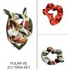 Kadın Dijital Baskılı Nar Fular & Simit Toka Seti – 1 Fular (48×48 cm) + 2 Simit Toka