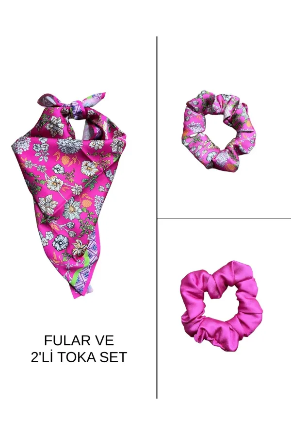 Kadın Dijital Baskılı Pembe Çiçek Fular & Simit Toka Seti – 1 Fular (48×48 cm) + 2 Simit Toka