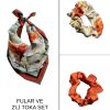 Kadın Dijital Baskılı Şifon Saten Fular & Simit Toka Seti – 1 Fular (48×48 cm) + 2 Simit Toka