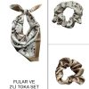 Kadın Dijital Baskılı Zeytin Fular & Simit Toka Seti – 1 Fular (48×48 cm) + 2 Simit Toka