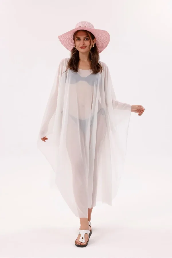 Kimono Pareo - Tesettür Pareo - Esnek Likralı Tül Beyaz 240x135 Cm