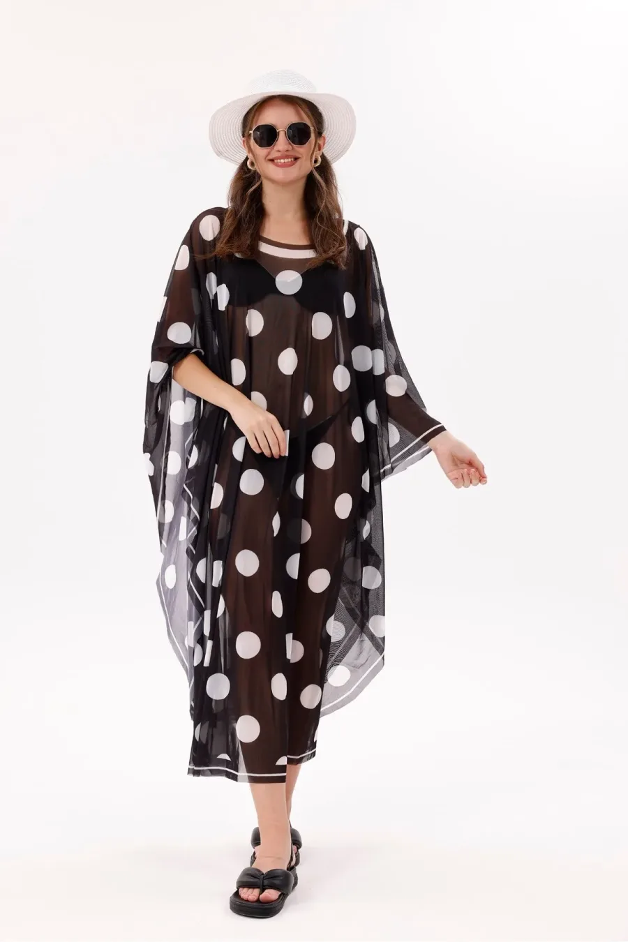 Kimono Pareo - Tesettür Pareo - Puantiyeli Siyah 240x135 Cm