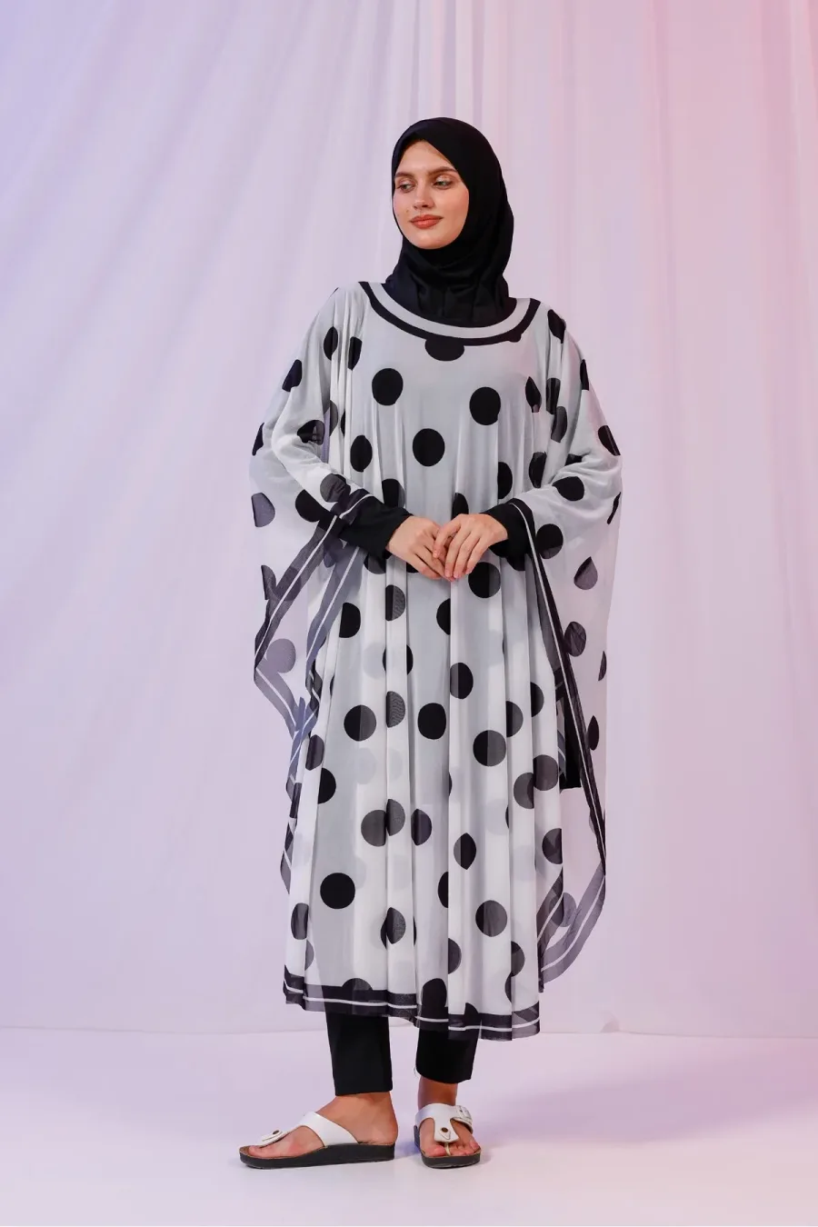 Kimono Pareo - Tesettür Pareo - Puantiyeli Beyaz 240x135 Cm