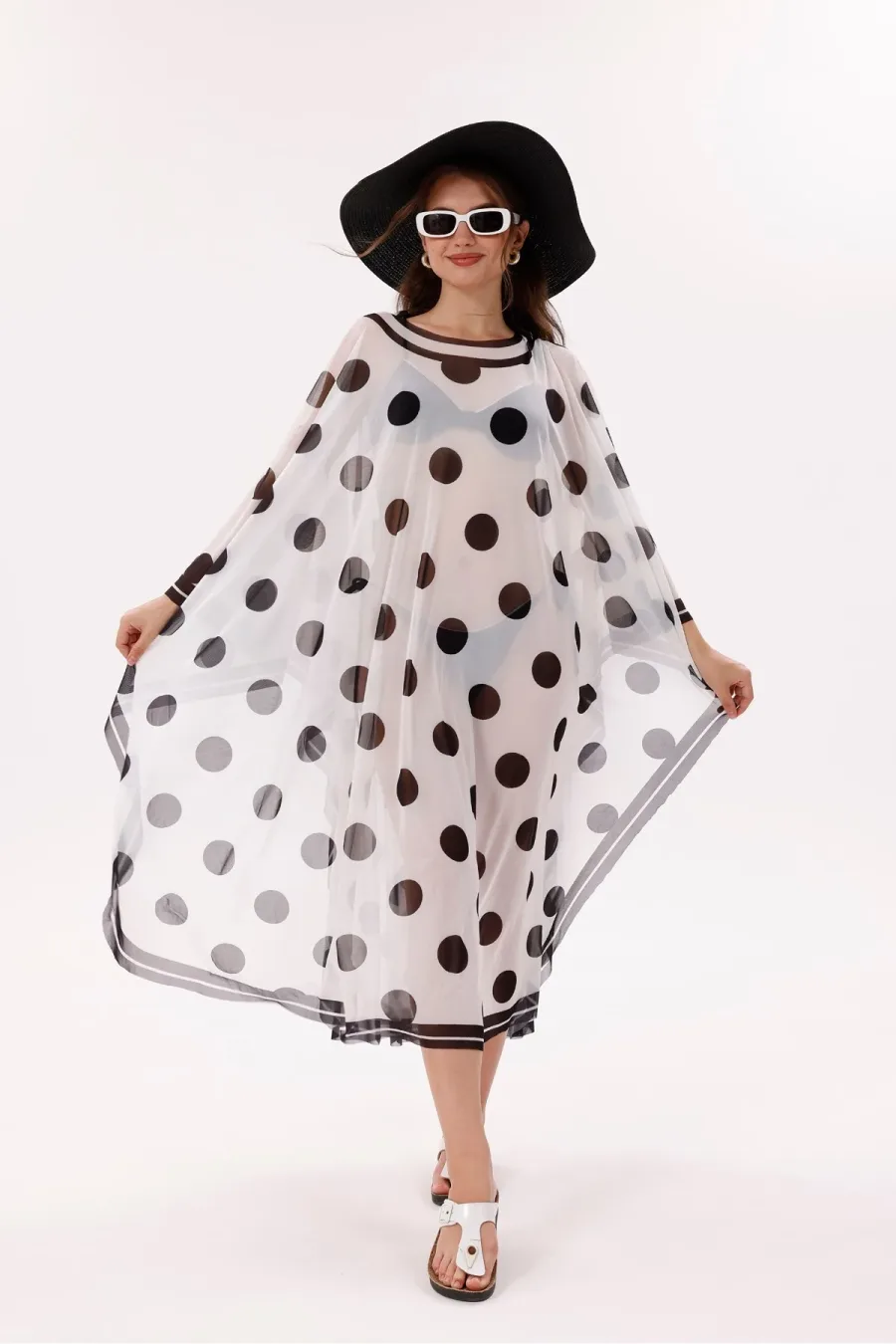 Kimono Pareo - Tesettür Pareo - Puantiyeli Beyaz 240x135 Cm