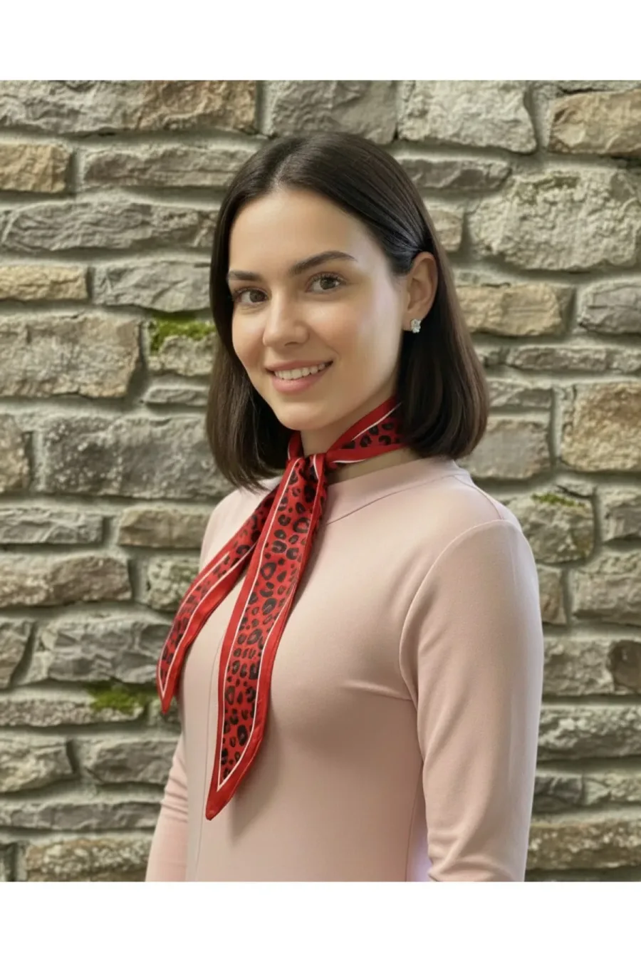 Kırmızı Leopar Şeritli Fular Bandana Estascarf 7,5x100cm