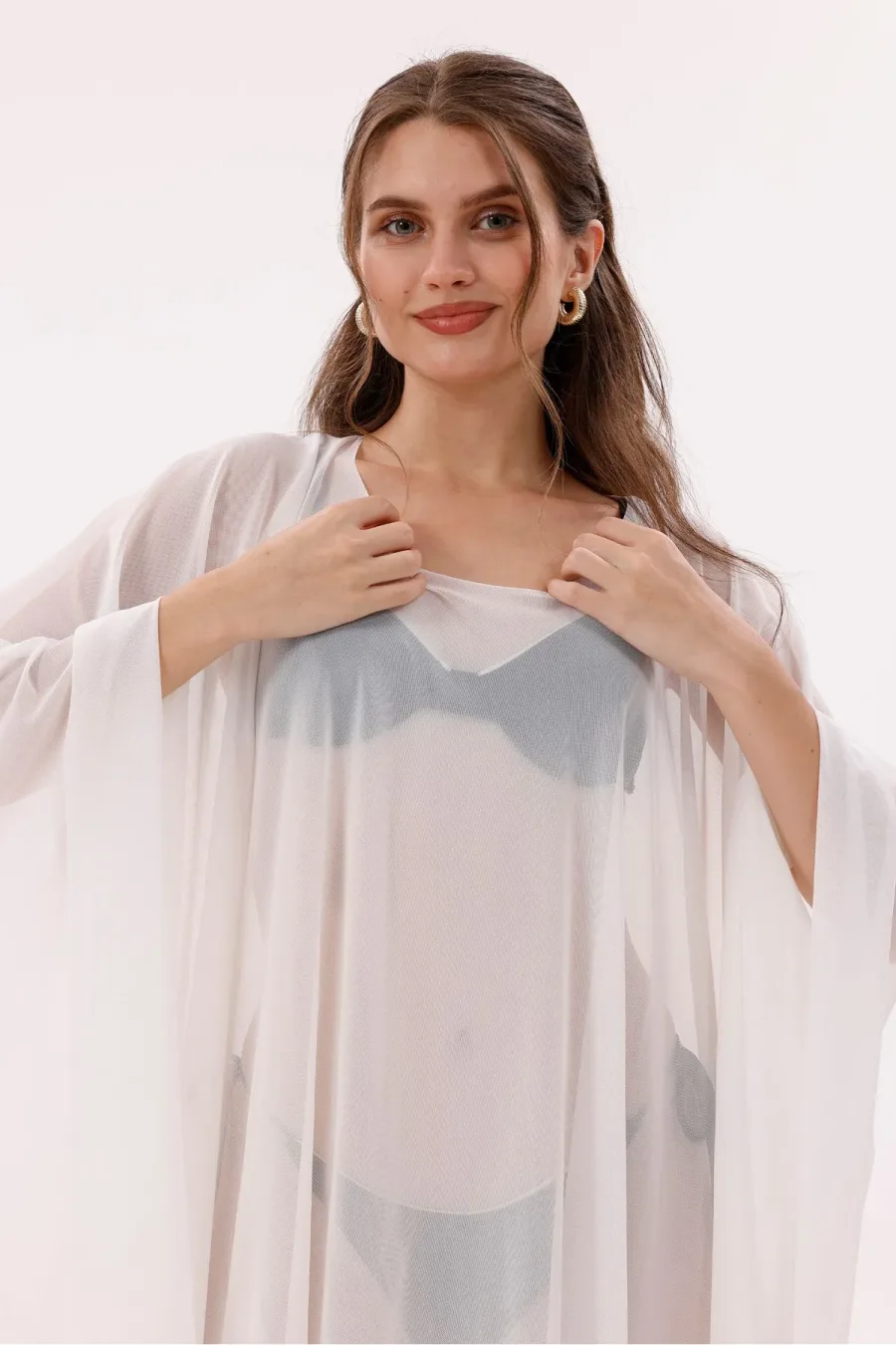 Kısa Kimono Pareo - Tesettür Pareo - Esnek Likralı Tül Beyaz 180x135 Cm