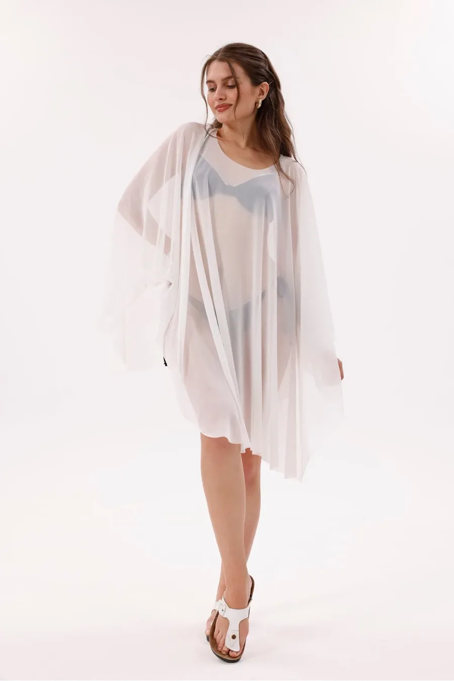 Kısa Kimono Pareo - Tesettür Pareo - Esnek Likralı Tül Beyaz 180x135 Cm