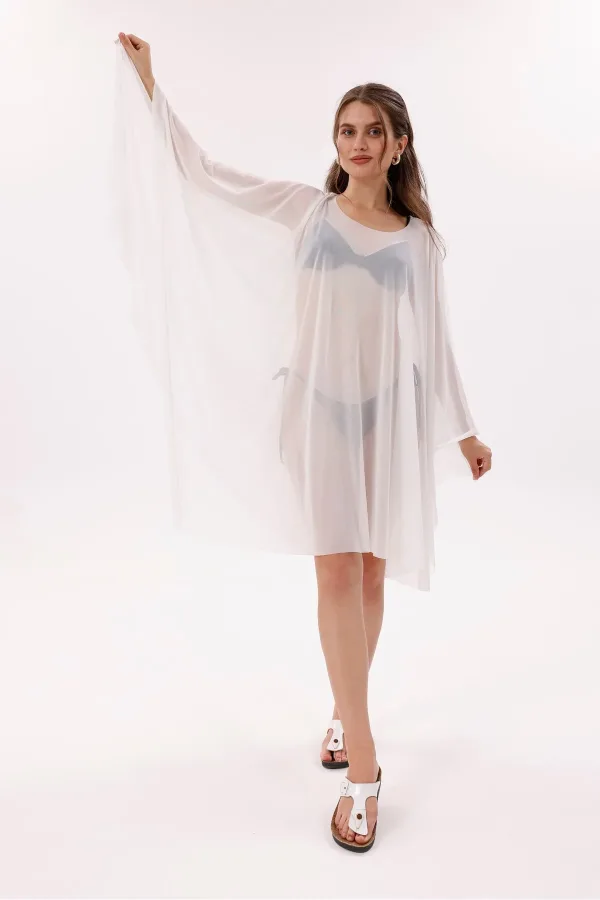 Kısa Kimono Pareo - Tesettür Pareo - Esnek Likralı Tül Beyaz 180x135 Cm