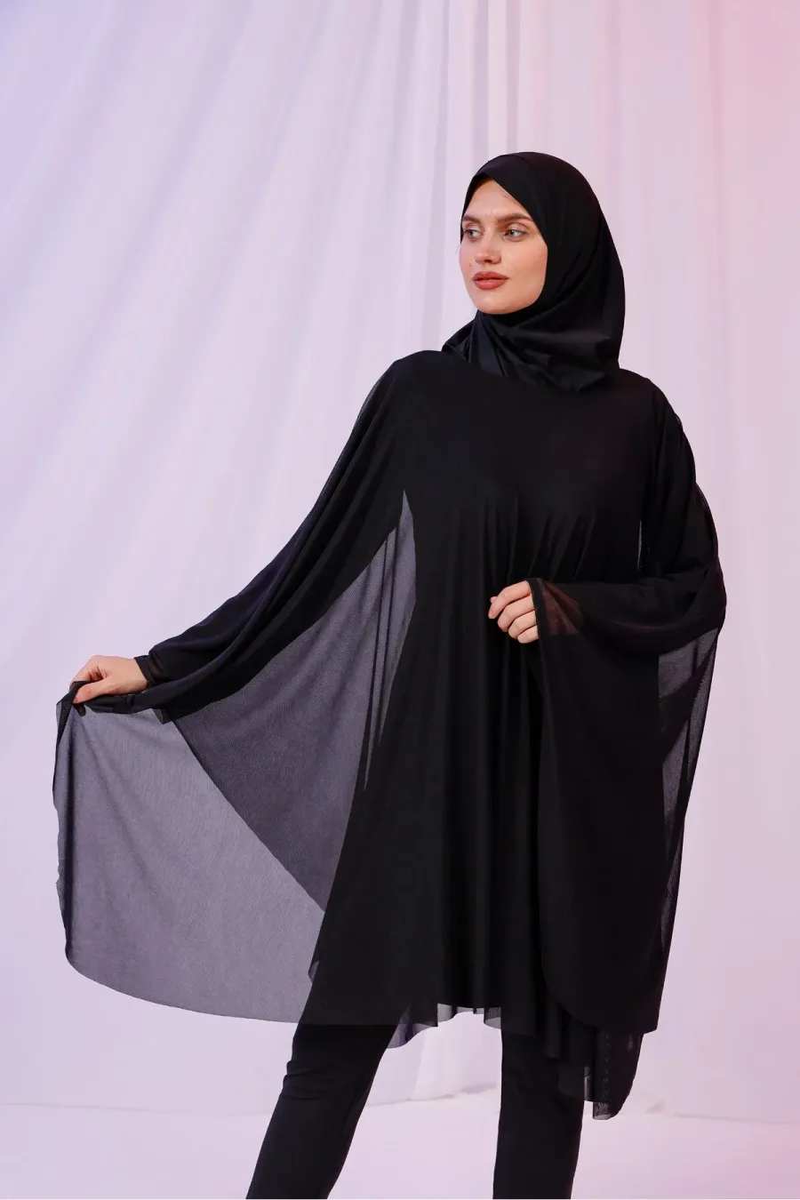 Kısa Kimono Pareo - Tesettür Pareo - Esnek Likralı Tül Siyah 180x135 Cm