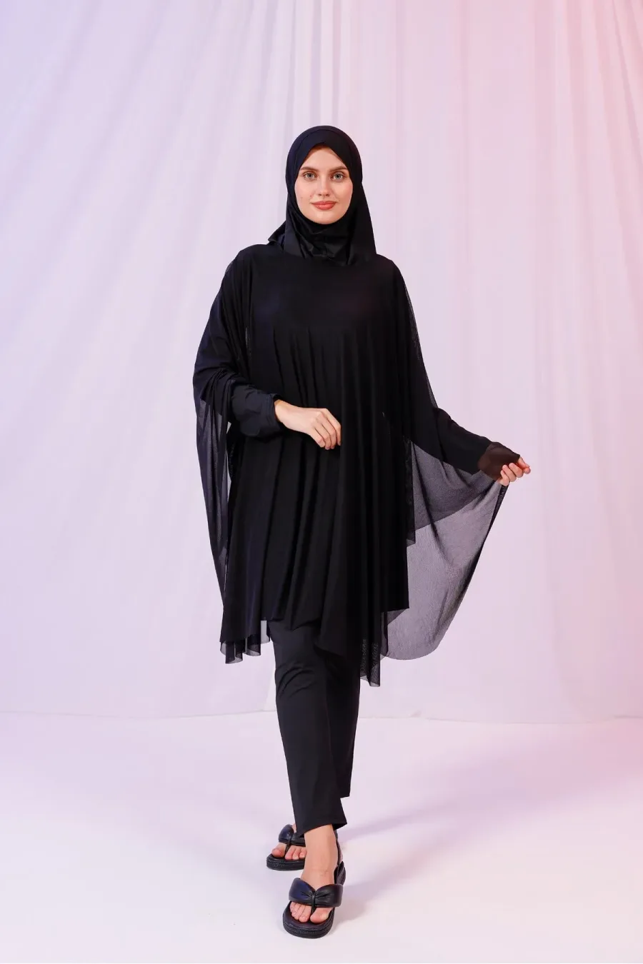 Kısa Kimono Pareo - Tesettür Pareo - Esnek Likralı Tül Siyah 180x135 Cm