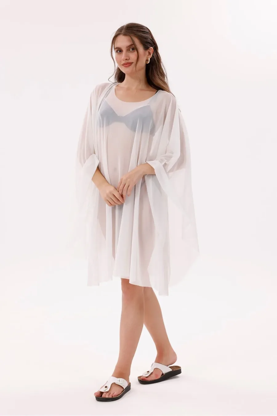 Kısa Kimono Pareo - Tesettür Pareo - Esnek Likralı Tül Beyaz 180x135 Cm