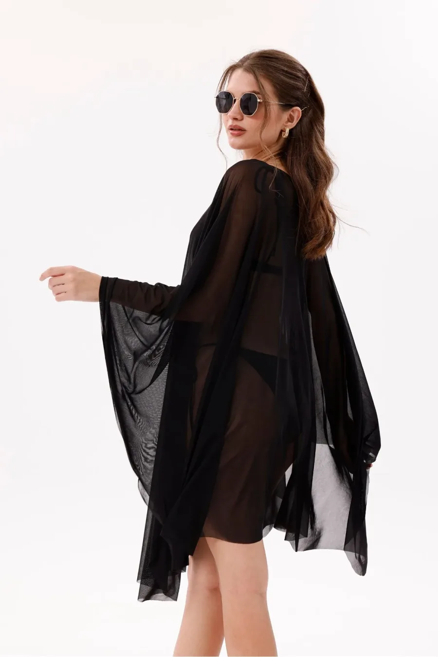 Kısa Kimono Pareo - Tesettür Pareo - Esnek Likralı Tül Siyah 180x135 Cm