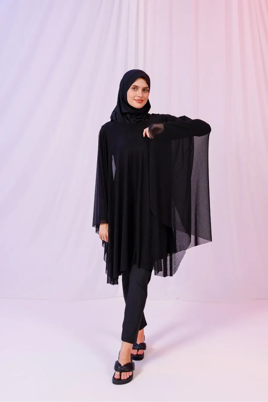 Kısa Kimono Pareo - Tesettür Pareo - Esnek Likralı Tül Siyah 180x135 Cm