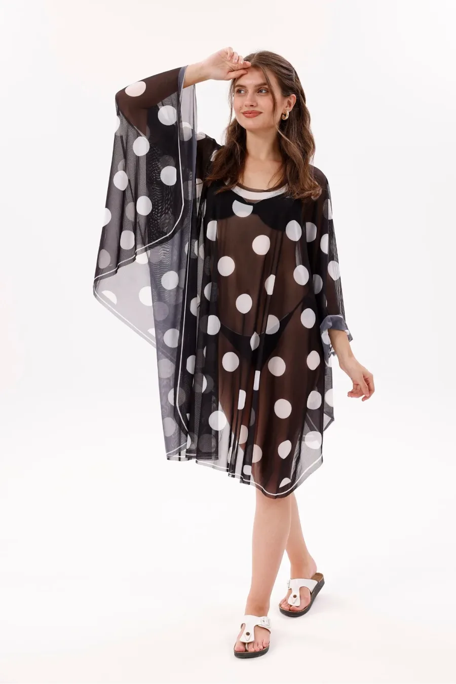 Kısa Kimono Pareo - Tesettür Pareo - Puantiyeli Siyah 180x135 Cm