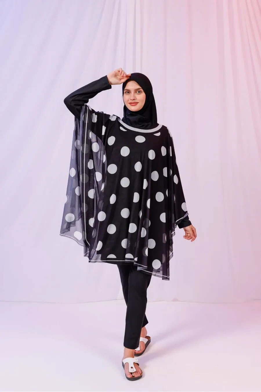 Kısa Kimono Pareo - Tesettür Pareo - Puantiyeli Siyah 180x135 Cm