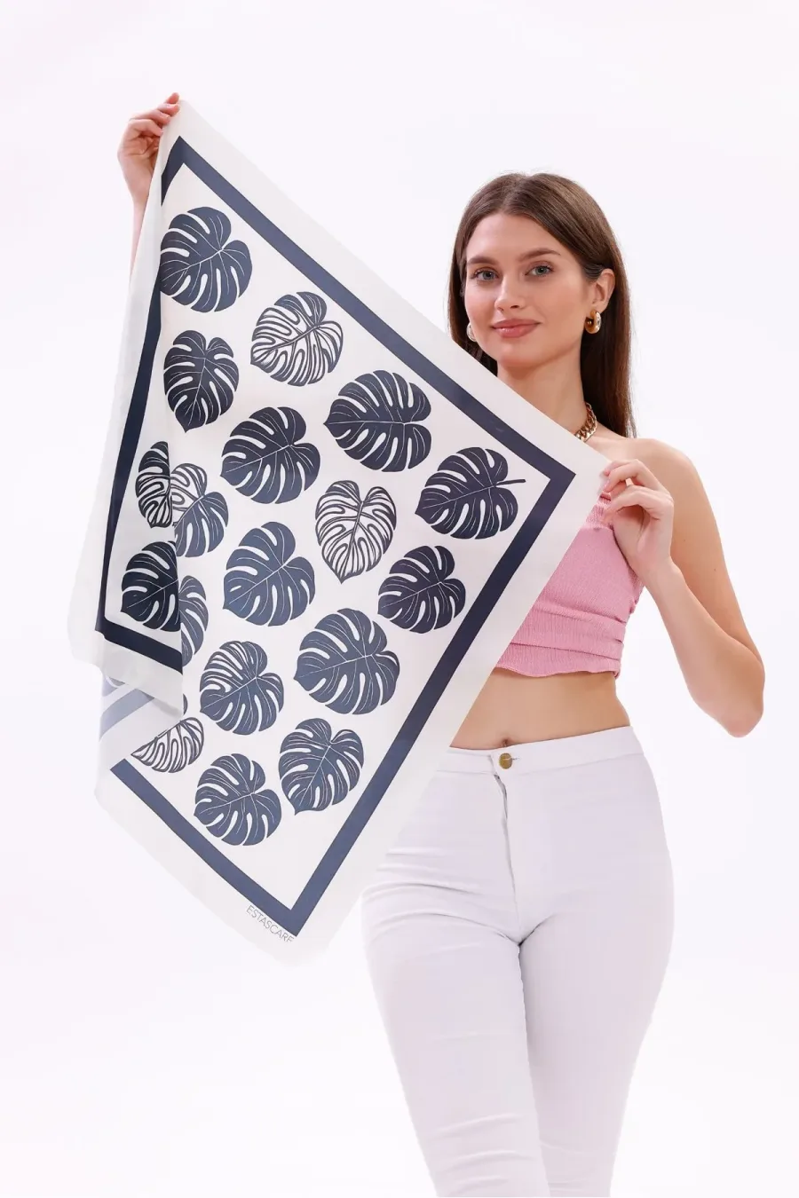 Monstera Yaprakları Model Fular Bandana Şal Estascarf 70x70 Cm