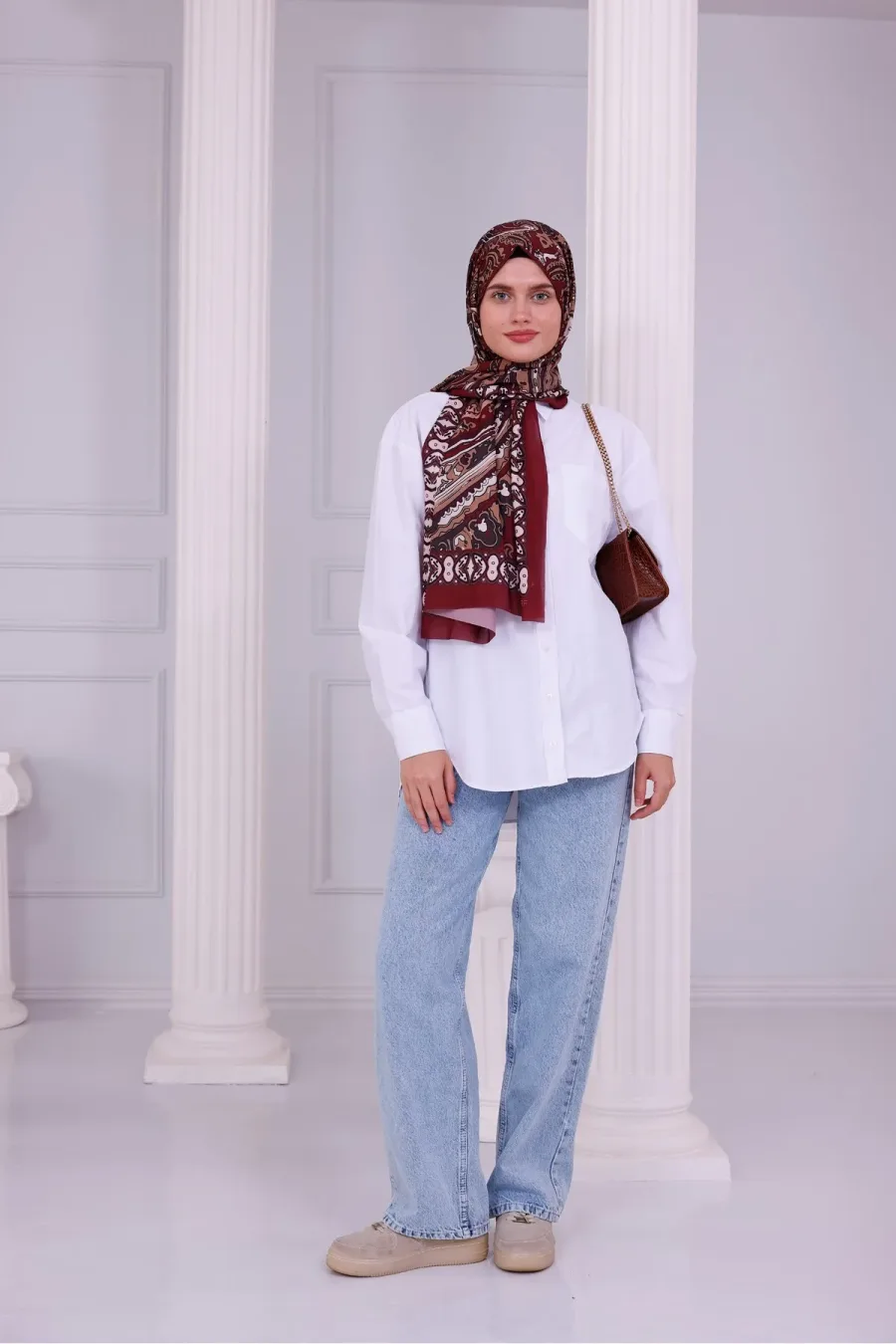 Retro Desenli Kadın Şal Bordo Estascarf